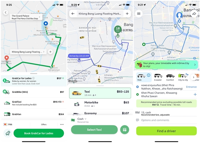 Fare comparisons between Grab, Bolt and inDrive for a ride from The Grand Palace to Khlong Bang Luang Floating Market in Bangkok