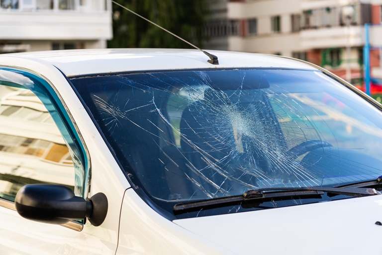 Broken car windscreen, car involved in an accident