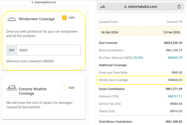 You can add ‘Windscreen Coverage’ when you renew your car coverage at MotorTakaful.com