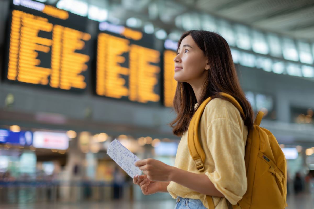 A woman had her flight delayed and is navigating the airport.